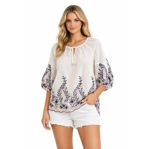 Kindred Anthro‎ Embroidered Floral Boho Cottage Blouse White Cotton Top Blouse M